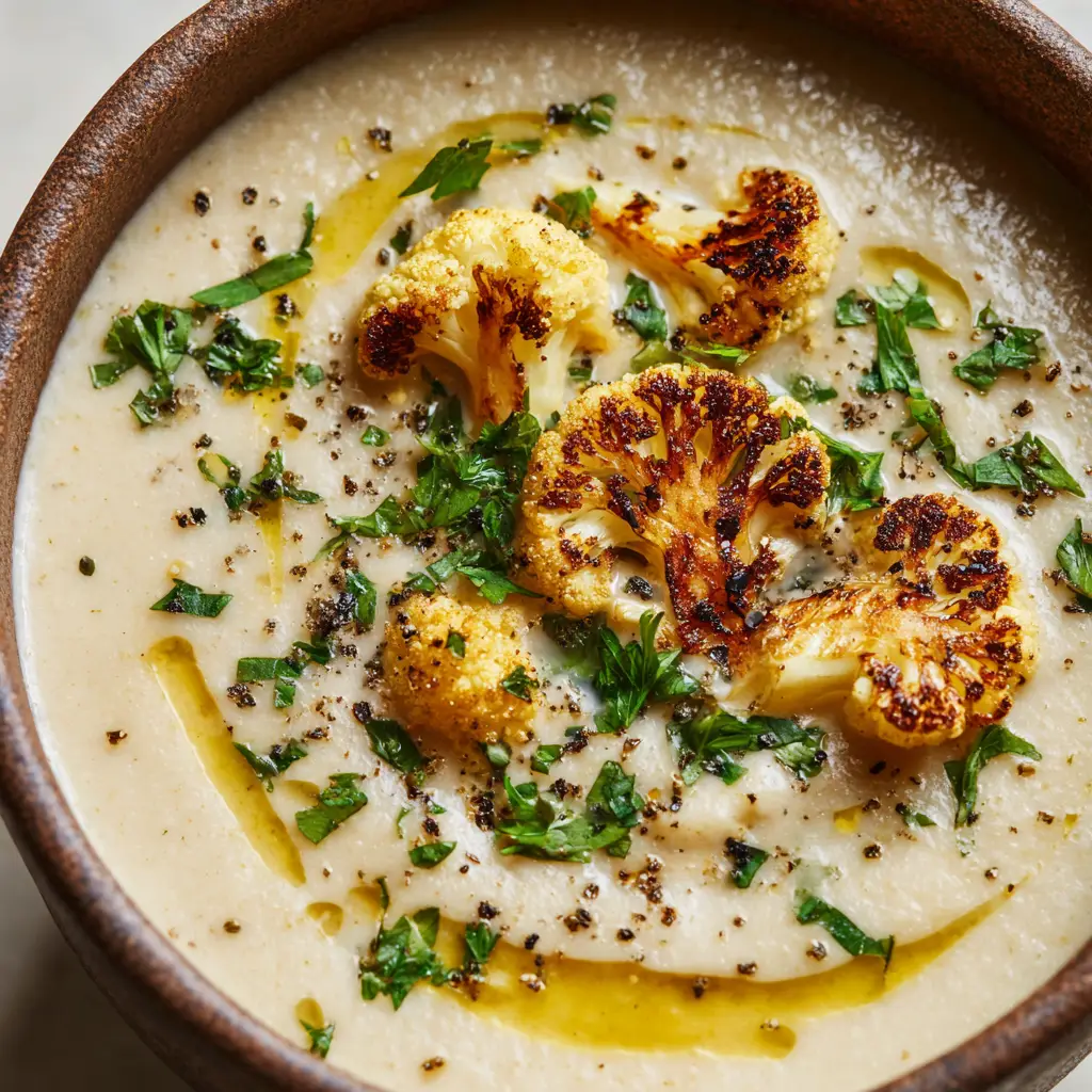 Creamy cauliflower soup in a rustic ceramic bowl with a swirl of heavy cream, delicate drizzle of golden olive oil, and coarsely ground black pepper.