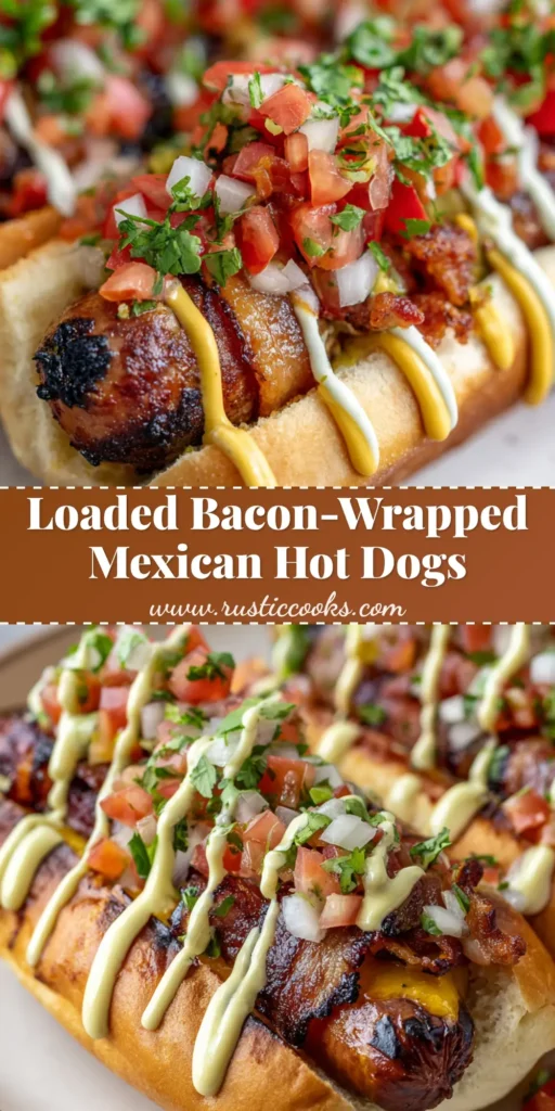 A fully loaded bacon-wrapped Mexican hot dog in a soft toasted bun, topped with chunky red tomato salsa, a thick zigzag of yellow mustard sauce, and a thin drizzle of white crema.