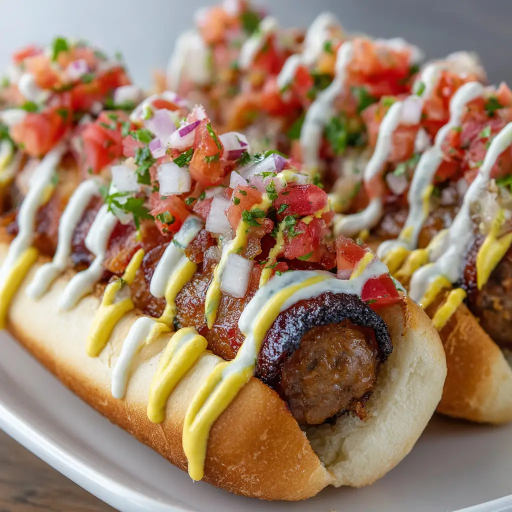 Overhead view of authentic Mexican Hot Dogs resting on a simple white ceramic plate, heavily loaded with diced tomatoes, onions, zesty yellow sauce, and white crema.