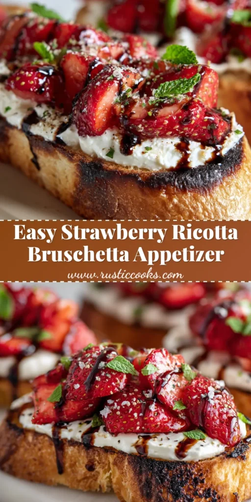 A close-up view of Strawberry Ricotta Bruschetta with glossy berries, a swoosh of white cheese, and a zig-zag balsamic drizzle on a charred baguette.