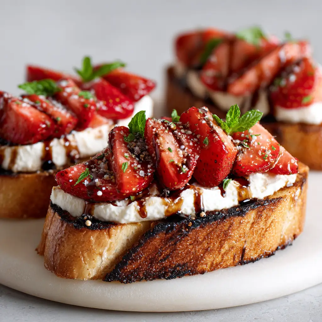 Macro shot of syrupy balsamic glaze drizzled over bright red strawberries and coarse black pepper on bruschetta.