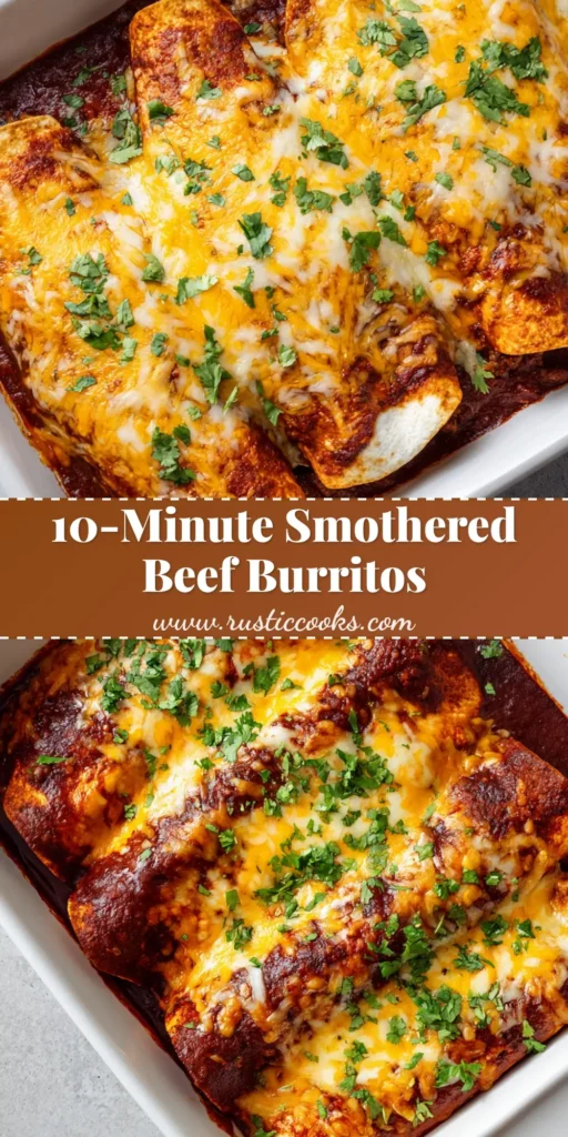 Smothered Ground Beef Burritos: The Ultimate Cheesy Baked Comfort Food 4 Three large rolled flour tortillas drenched in thick red enchilada sauce, smothered in bubbling melted cheddar and Monterey Jack cheese with charred spots, garnished with cilantro in a white casserole dish. (Smothered Ground Beef Burritos)