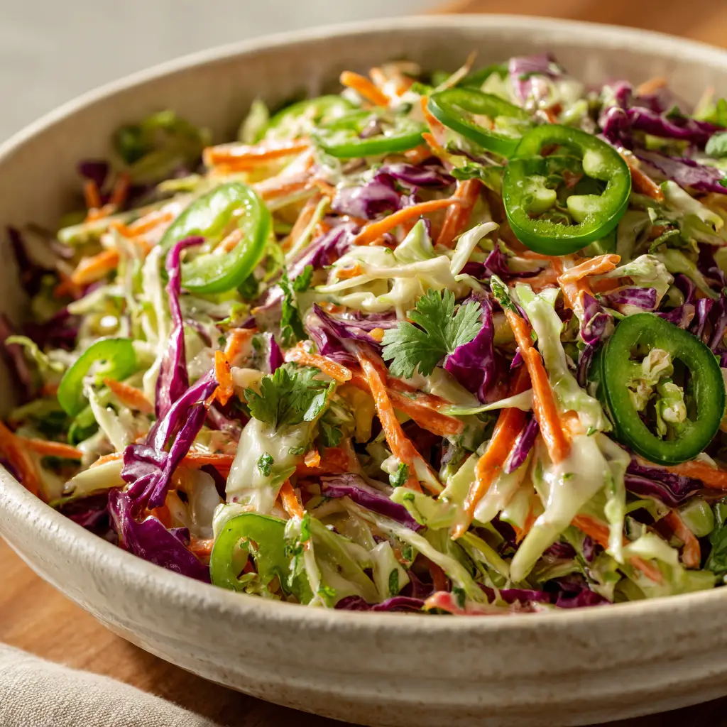 Vibrant Jalapeno Slaw: A Crisp and Creamy Cabbage Salad 1 Jalapeno slaw lightly coated in a glistening, semi-translucent creamy dressing, speckled with fresh cilantro.