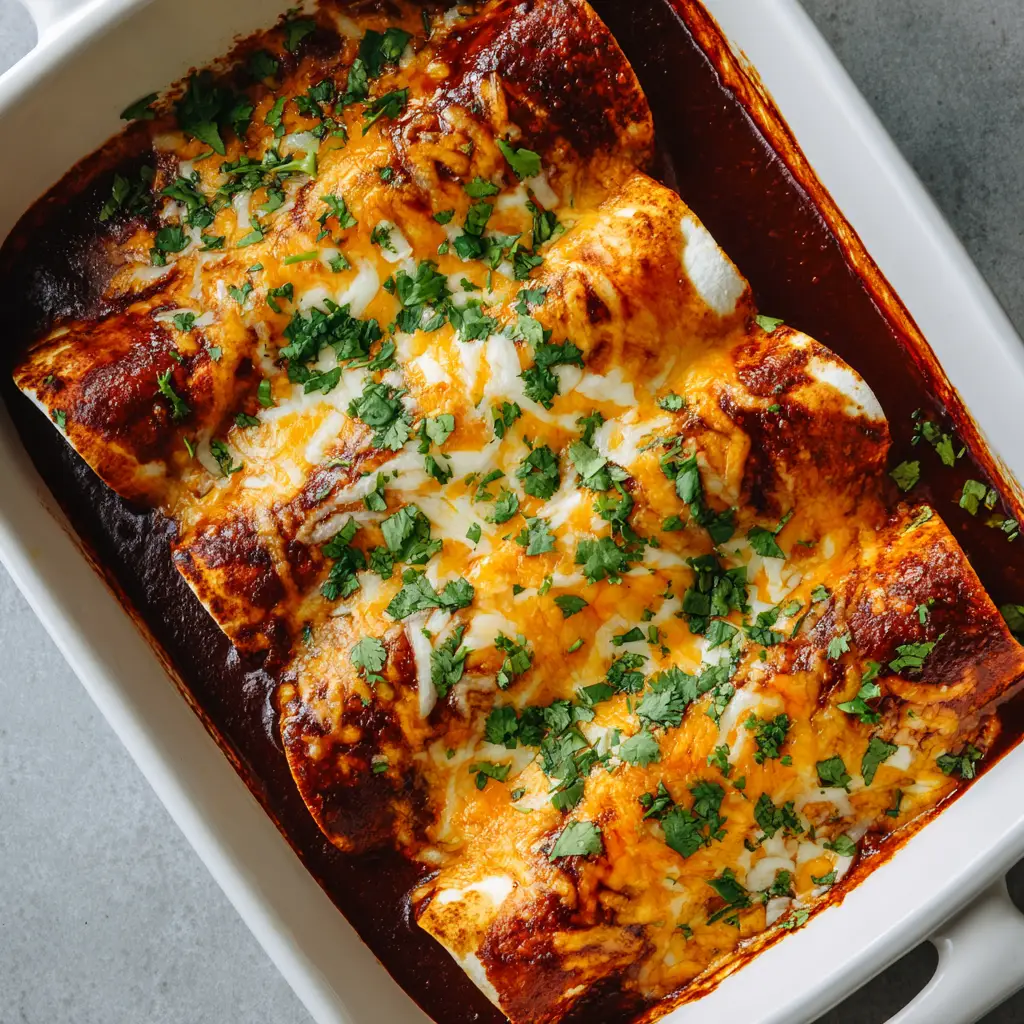 Smothered Ground Beef Burritos: The Ultimate Cheesy Baked Comfort Food 2 Close-up overhead shot of baked smothered ground beef burritos in a white ceramic rectangular casserole dish. (Smothered Ground Beef Burritos)