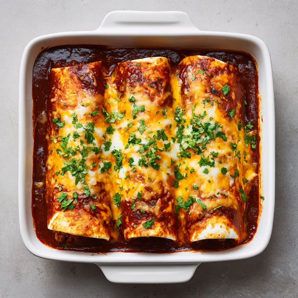 Smothered Ground Beef Burritos: The Ultimate Cheesy Baked Comfort Food 1 Melted cheddar and Monterey jack cheese bubbling over thick dark red enchilada sauce on baked burritos, sprinkled with fresh green cilantro.