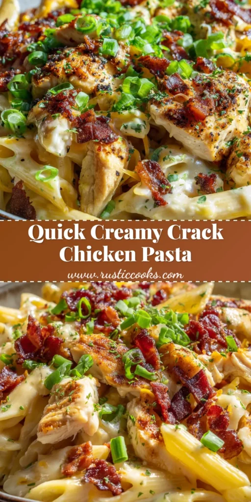 A hearty bowl of crack chicken pasta with penne, melted sharp cheddar, crispy bacon, tender chicken, and fresh green onions.