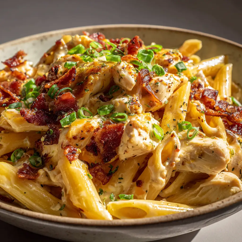 Rustic ceramic bowl filled with crack chicken pasta garnished with vibrant green onions and dried ranch herbs.