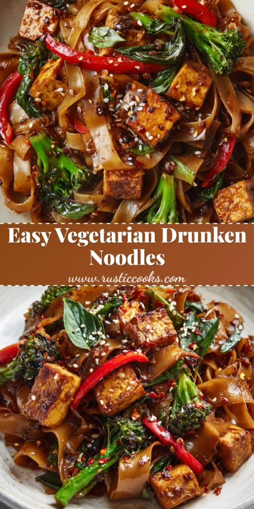 Vegetarian Drunken Noodles: The Ultimate Thai Stir-Fry Experience 4 Close up overhead shot of Vegetarian Drunken Noodles with thick wide flat noodles, golden-brown tofu, red bell peppers, and vivid green broccoli tossed in a dark brown savory sauce with Thai basil.