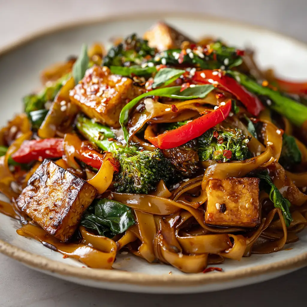 Vegetarian Drunken Noodles: The Ultimate Thai Stir-Fry Experience 2 A rustic matte white ceramic plate piled high with glossy Vegetarian Drunken Noodles, pan-seared tofu, and bright steamed vegetables, shot in soft natural daylight.