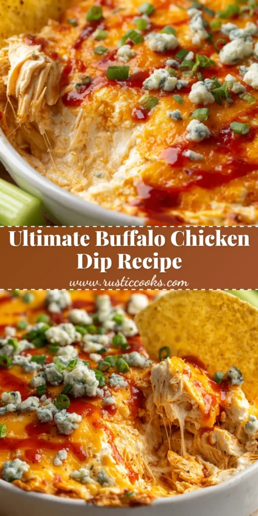 A warm Buffalo Chicken Dip in a white round ceramic baking dish, topped with melted, bubbly browned cheddar and mozzarella cheese, garnished with green onions and blue cheese crumbles.