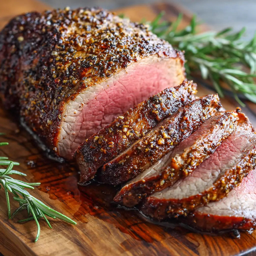 Sliced interior of a sirloin tip roast displaying juicy, tender, bright pink beef cooked to medium-rare, with savory meat juices pooling on a wooden board.