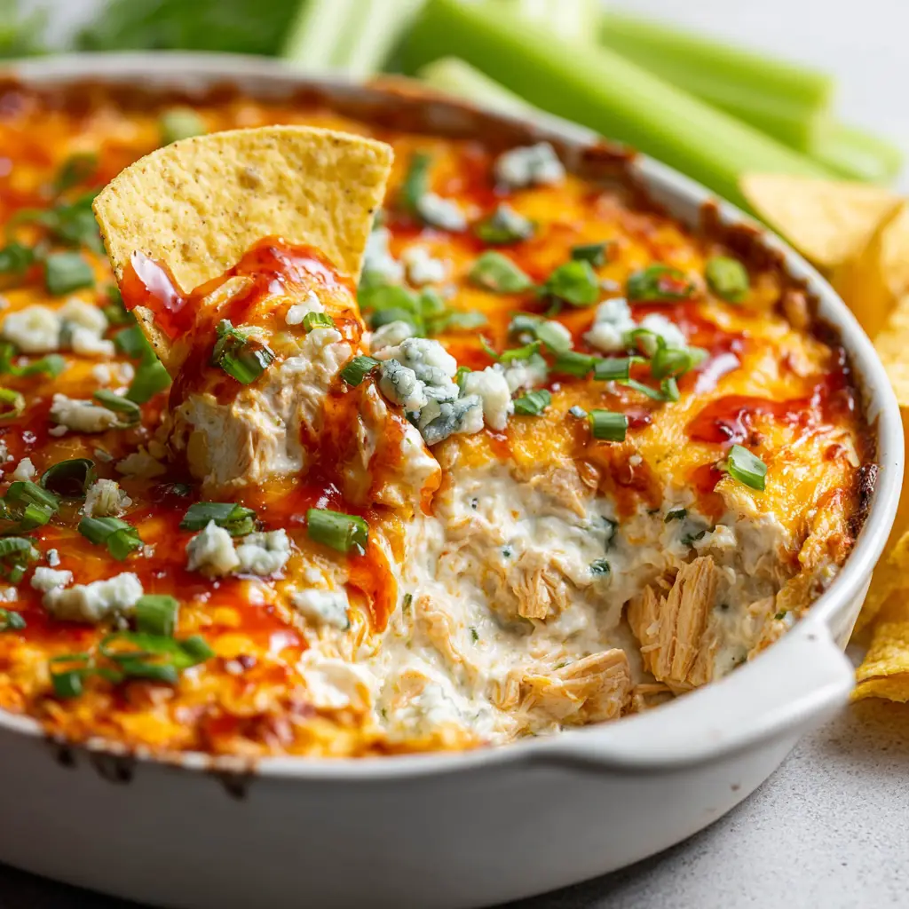 Warm Buffalo Chicken Dip surrounded by fresh celery sticks and yellow corn tortilla chips, featuring a bright orange-red sauce drizzle.