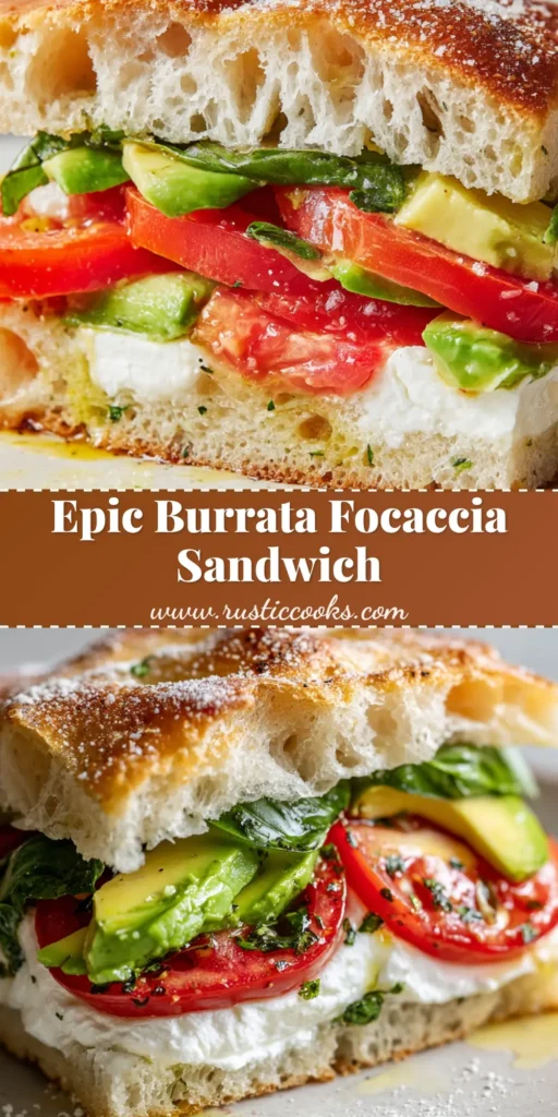 The Ultimate Fresh Burrata Focaccia Sandwich Experience 4 A tall, appetizing Burrata Focaccia Sandwich featuring torn creamy burrata cheese spilling over fresh basil, thick red tomatoes, and avocado on golden baked focaccia bread.