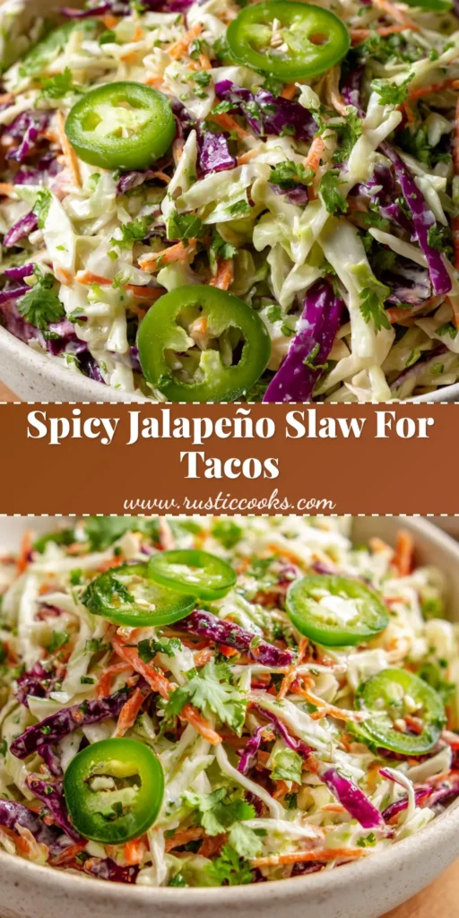 Vibrant Jalapeno Slaw: A Crisp and Creamy Cabbage Salad 4 A close-up view of a vibrant jalapeno slaw served in a rustic light-colored ceramic bowl, featuring shredded green and purple cabbage, matchstick carrots, raw jalapeno rings, and cilantro.