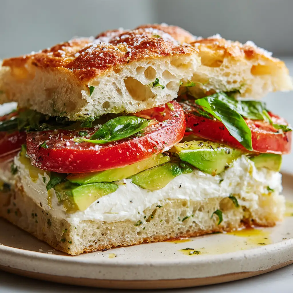 The Ultimate Fresh Burrata Focaccia Sandwich Experience 2 Close-up handheld photo of a gourmet Burrata Focaccia Sandwich resting on a simple plate in soft natural daylight.