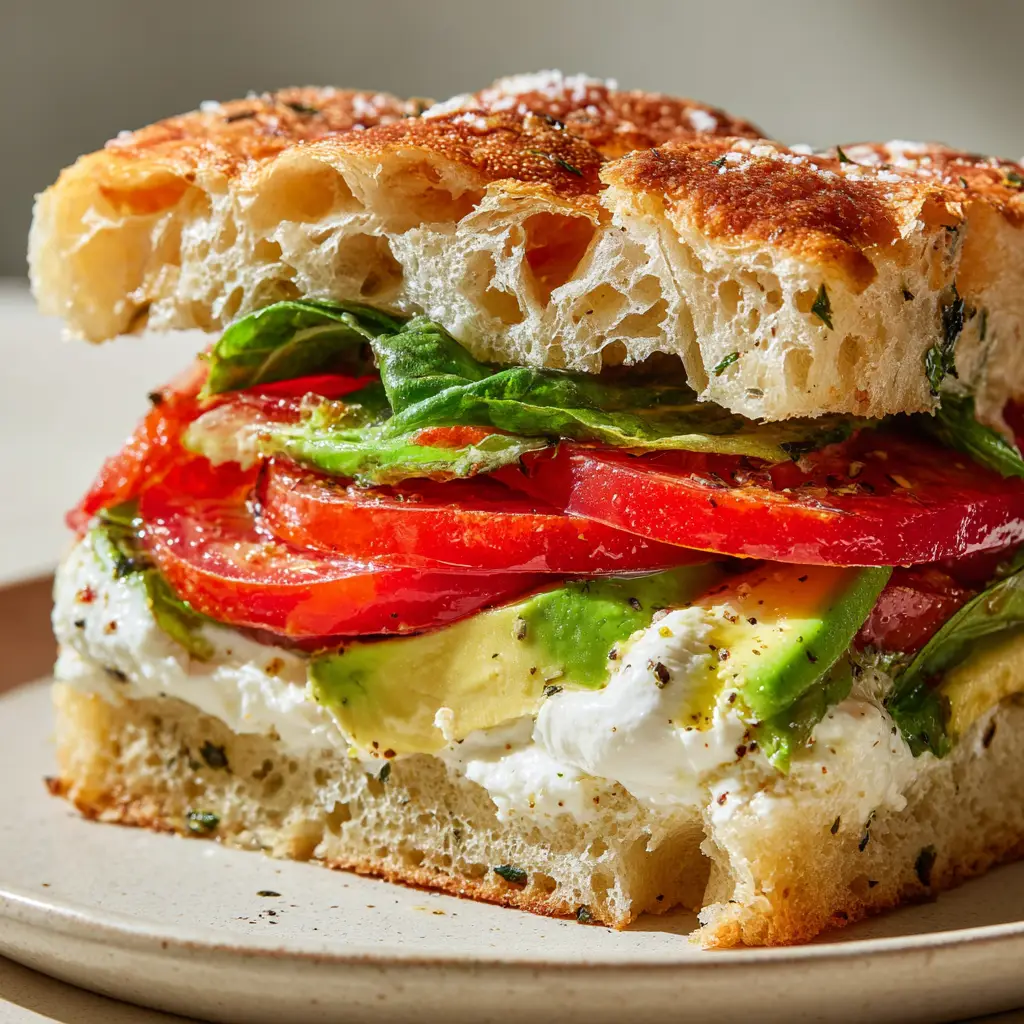 The Ultimate Fresh Burrata Focaccia Sandwich Experience 1 Macro shot of a Burrata Focaccia Sandwich showing the creamy stracciatella filling drizzled with extra virgin olive oil and sea salt flakes.