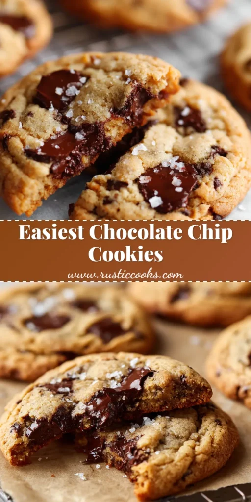 A stack of freshly baked Easy Chocolate Chip Cookies with golden brown edges and gooey chocolate stretching apart, resting on a wire cooling rack.