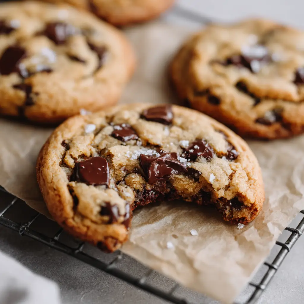 Freshly baked Easy Chocolate Chip Cookies on parchment paper sprinkled with coarse flaky sea salt.