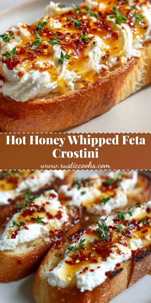 Close up of a thick, toasted golden-brown baguette slice smeared with thick, creamy whipped white feta, drizzled with glossy amber hot honey and crushed red chili flakes, garnished with thyme. (Hot Honey Whipped Feta Crostini)