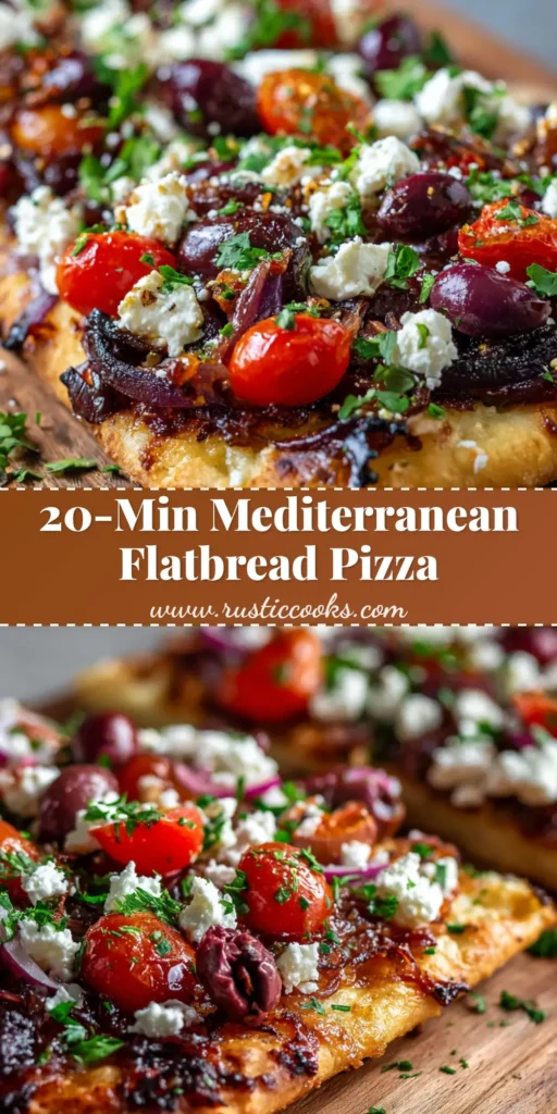 A beautiful rustic Mediterranean Flatbread Pizza topped with caramelized onions, feta cheese, and cherry tomatoes on a wooden cutting board.