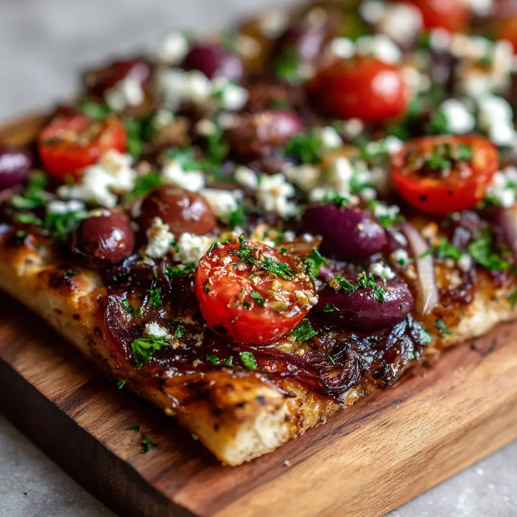 A rustic rectangular baked flatbread crust layered with glossy deep-purple caramelized red onion relish and fresh parsley flakes.