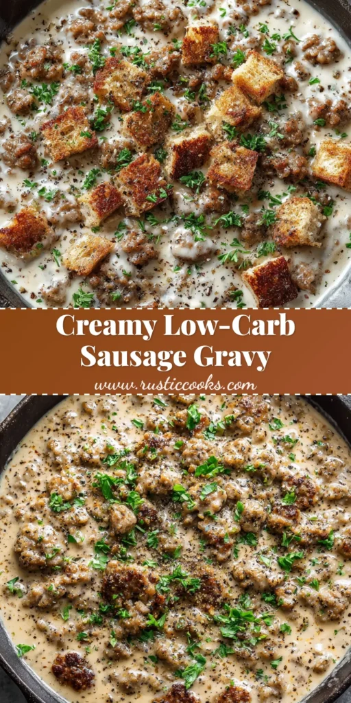 A close up overhead shot of a thick, creamy white Low-Carb Sausage Gravy in a rustic cast iron skillet, garnished with fresh parsley.