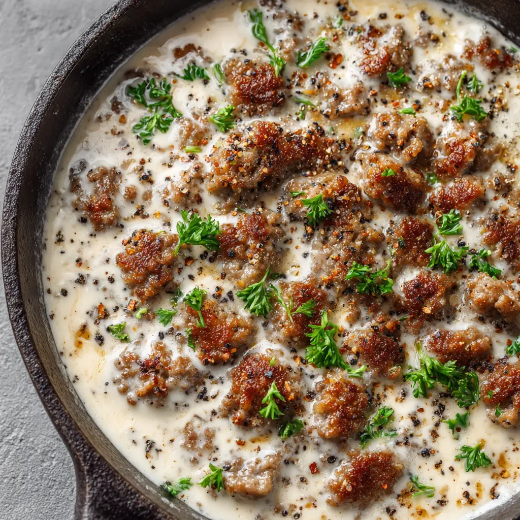 Large chunks of caramelized ground breakfast sausage in a velvety low-carb gravy sauce on a stone countertop.