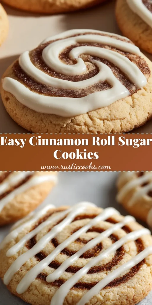A stack of freshly baked Cinnamon Roll Sugar Cookies with a thick white vanilla icing drizzle over a tightly spiraled dark brown cinnamon sugar center.