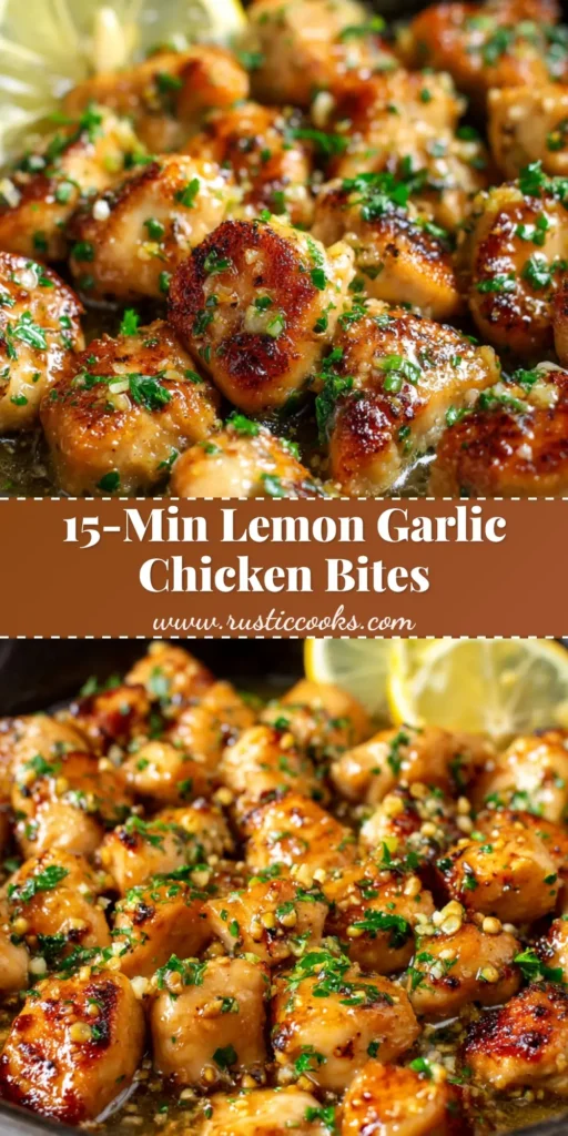 A close-up view of golden brown Lemon Garlic Chicken Bites coated in a glossy buttery lemon sauce inside a dark rustic cast iron skillet.