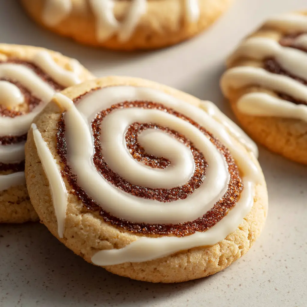 Round soft-baked Cinnamon Roll Sugar Cookies resting on a ceramic plate bathed in natural sunlight.