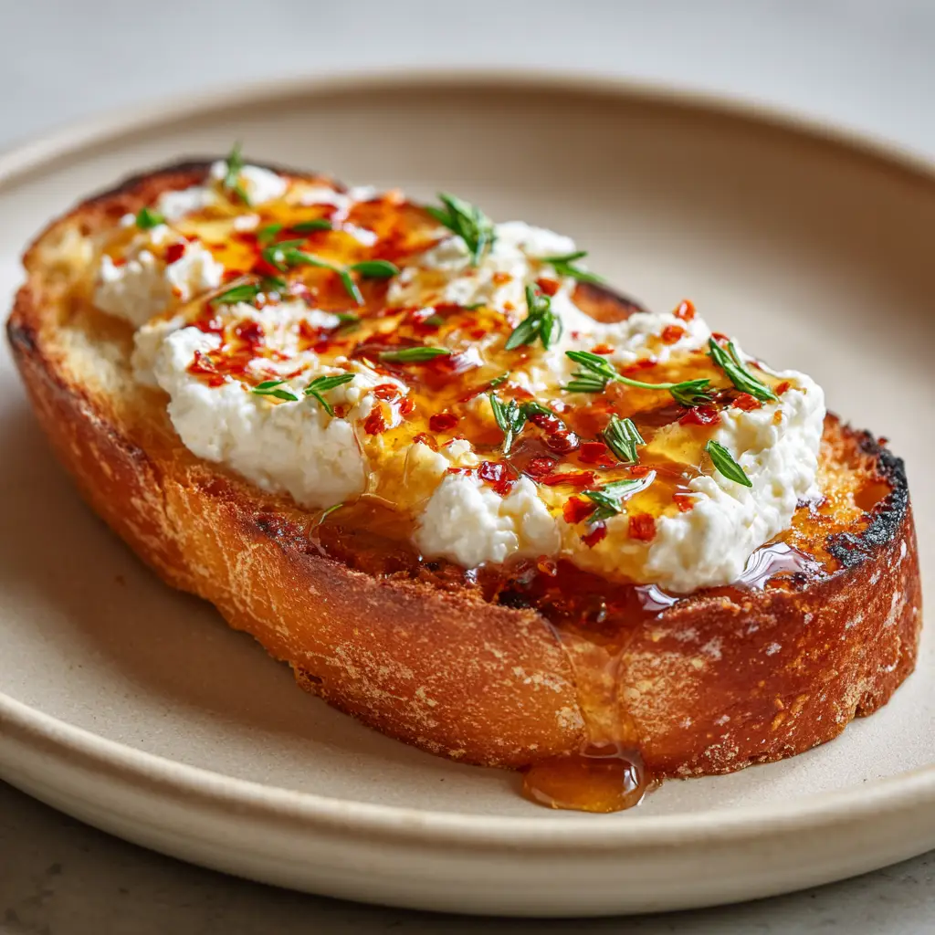 Macro shot of glossy, translucent amber hot honey heavily speckled with crushed red chili flakes pooling over white whipped feta cheese on a crostini.