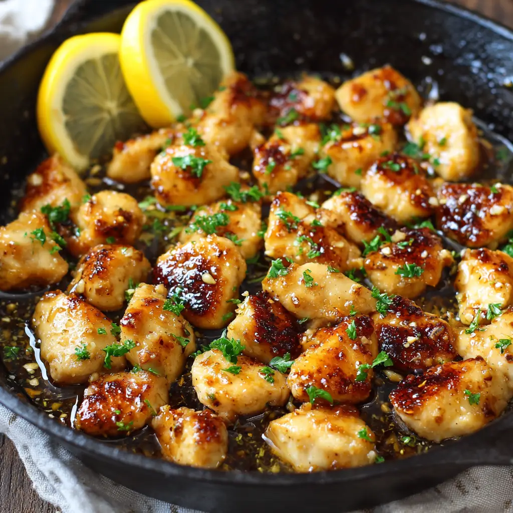 Glossy buttery lemon sauce coating bite-sized chicken chunks with tiny golden toasted minced garlic bits and lemon wedges.
