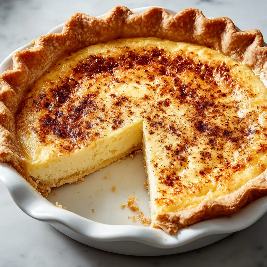 Whole old-fashioned egg custard pie in a white ceramic pie dish sitting on a neutral kitchen counter with a single slice cut out.