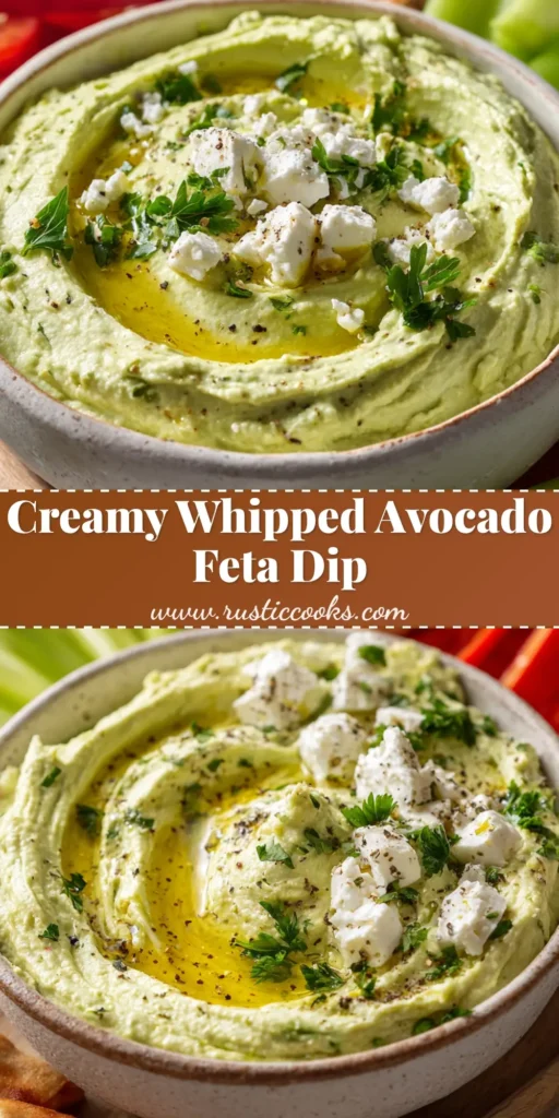 A close-up of a smooth, creamy Avocado Feta Dip topped with golden olive oil, crumbled feta, and fresh parsley, served with celery, peppers, and pita.