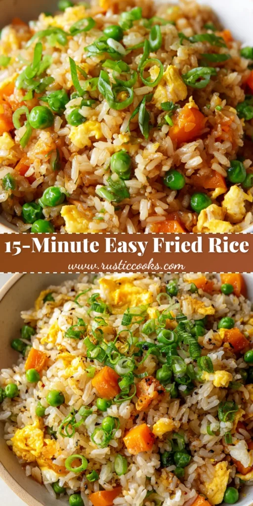 A close-up of a bowl of savory 15-Minute Fried Rice with plump glossy grains, green peas, diced carrots, scrambled eggs, and scallions.