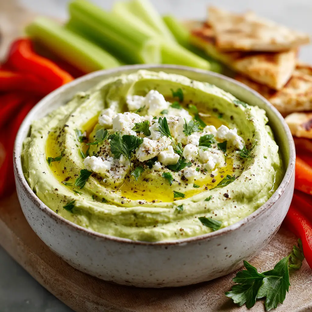 Avocado Feta Dip garnished with large chunks of crumbled white feta, black pepper, and chopped parsley, surrounded by crisp celery and red bell peppers.