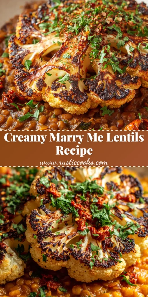A shallow rustic bowl filled with creamy orange-red cooked lentils with sun-dried tomatoes, topped with a deeply charred roasted cauliflower steak and garnished with green parsley and red pepper flakes. (Creamy Marry Me Lentils)
