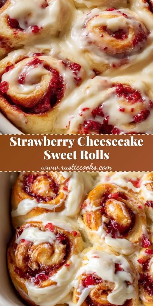 A close-up overhead shot of freshly baked Strawberry Cheesecake Sweet Rolls in a white ceramic dish, covered in thick frosting and red strawberry syrup.