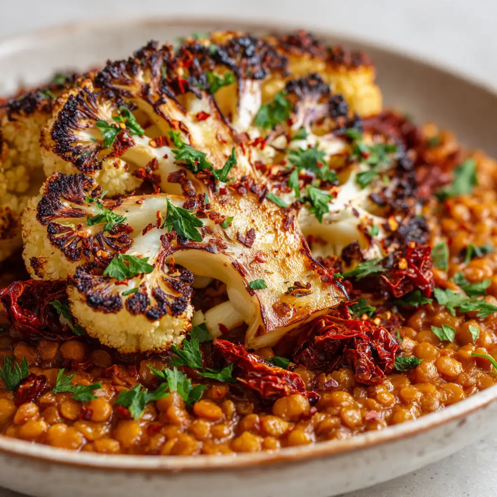 Spoon digging into thick, creamy orange-red cooked lentils with diced sun-dried tomatoes, fresh parsley, and red pepper flakes.