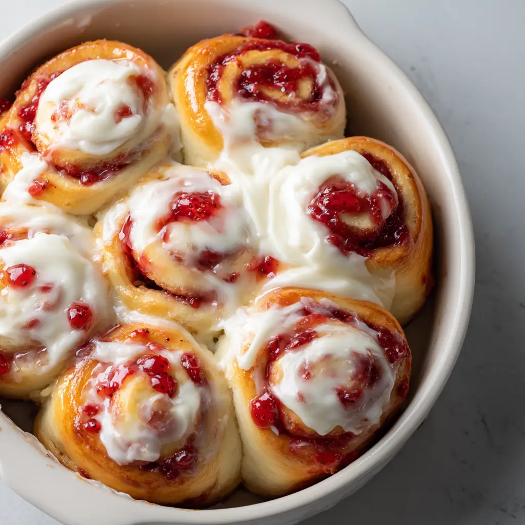 Close up of a warm Strawberry Cheesecake Sweet Roll with glossy red strawberry syrup drizzled over white cream cheese frosting.
