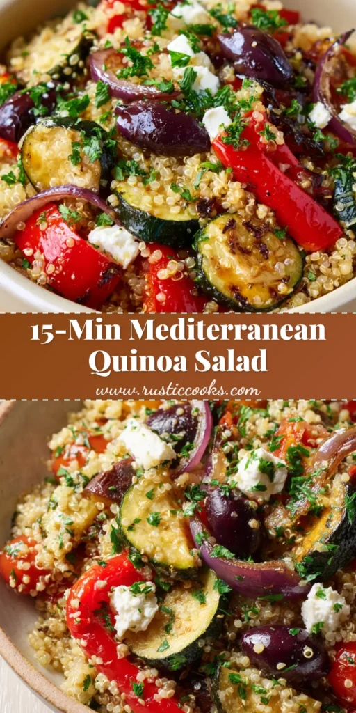 A shallow rustic bowl of Mediterranean quinoa salad with blistered peppers, charred zucchini, whole kalamata olives, feta crumbles, and parsley.