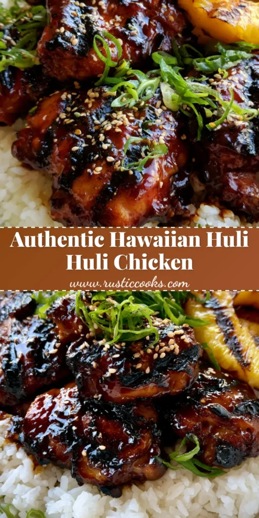 A close-up shot of charred Huli Huli Chicken thighs with a glossy mahogany glaze on a bed of jasmine rice with grilled pineapple. (Huli Huli Chicken)