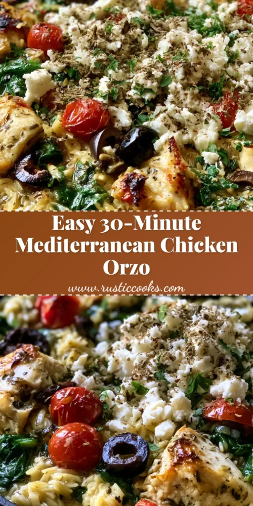 A black cast iron skillet containing Mediterranean Chicken Orzo with seared chicken, blistered tomatoes, olives, and feta on a grey countertop. (Mediterranean Chicken Orzo)