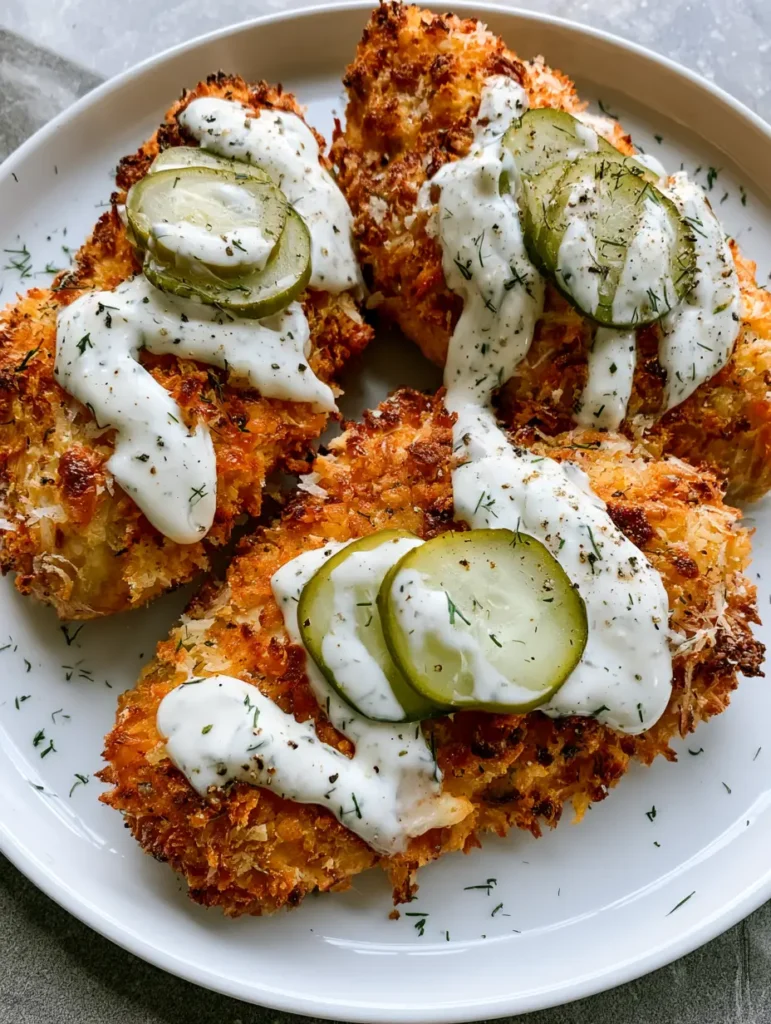 Air Fryer Dill Pickle Chicken: The Ultimate Crispy Panko Recipe 1 Top down shot of chicken breasts with ranch zigzag and green pickle slices on a grey stone background.