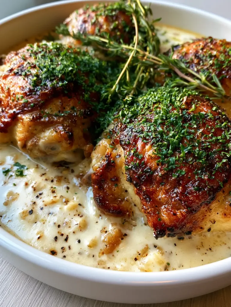 Creamy Garlic Chicken Thighs with Crispy Skin and Velvety Sauce 1 Close-up of minced garlic and cracked black pepper flecks in a thick cream sauce with chicken. (Creamy Garlic Chicken Thighs)