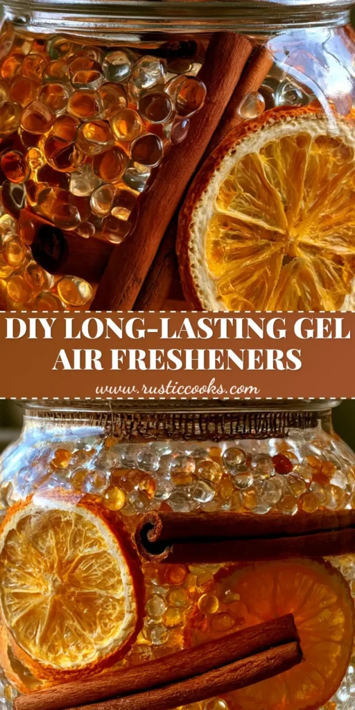 A beautiful DIY Homemade Gel Air Freshener in a mason jar with amber beads, orange slices, and cinnamon sticks.
