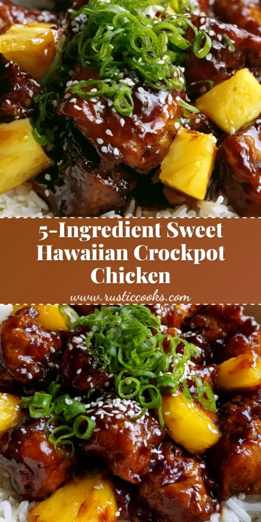 A close-up of Sweet Hawaiian Crockpot Chicken with a thick amber glaze, pineapple chunks, and sesame seeds over rice.
