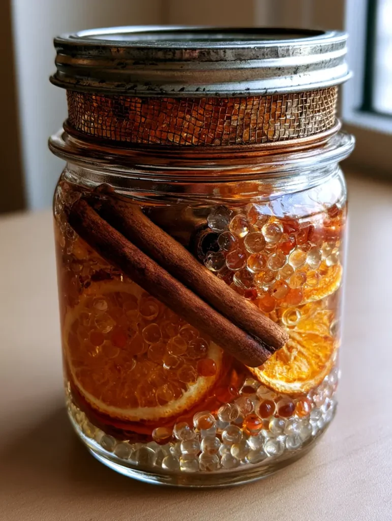 Close up of translucent amber gelatinous beads in a glass jar for Homemade Gel Air Fresheners.