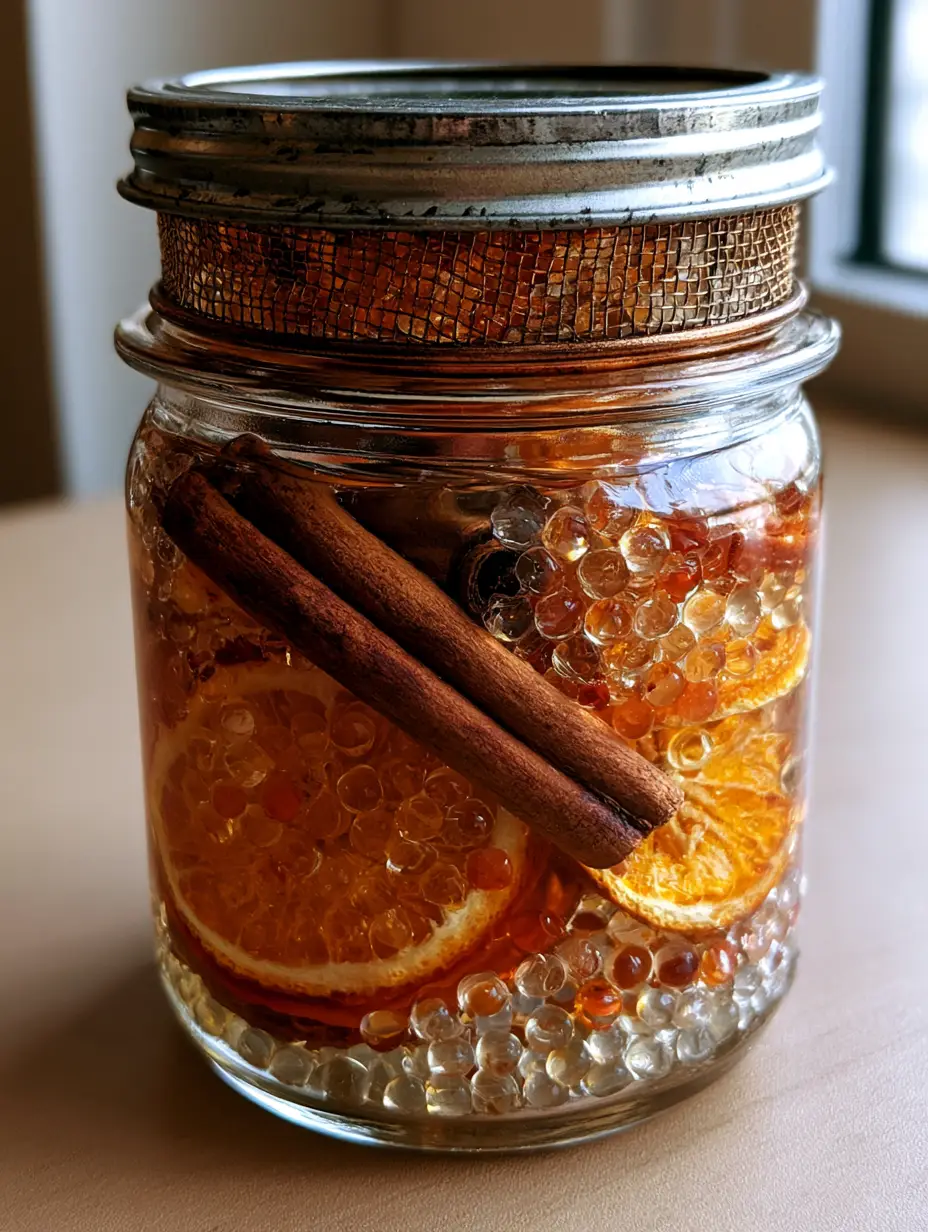 Close up of translucent amber gelatinous beads in a glass jar for Homemade Gel Air Fresheners.