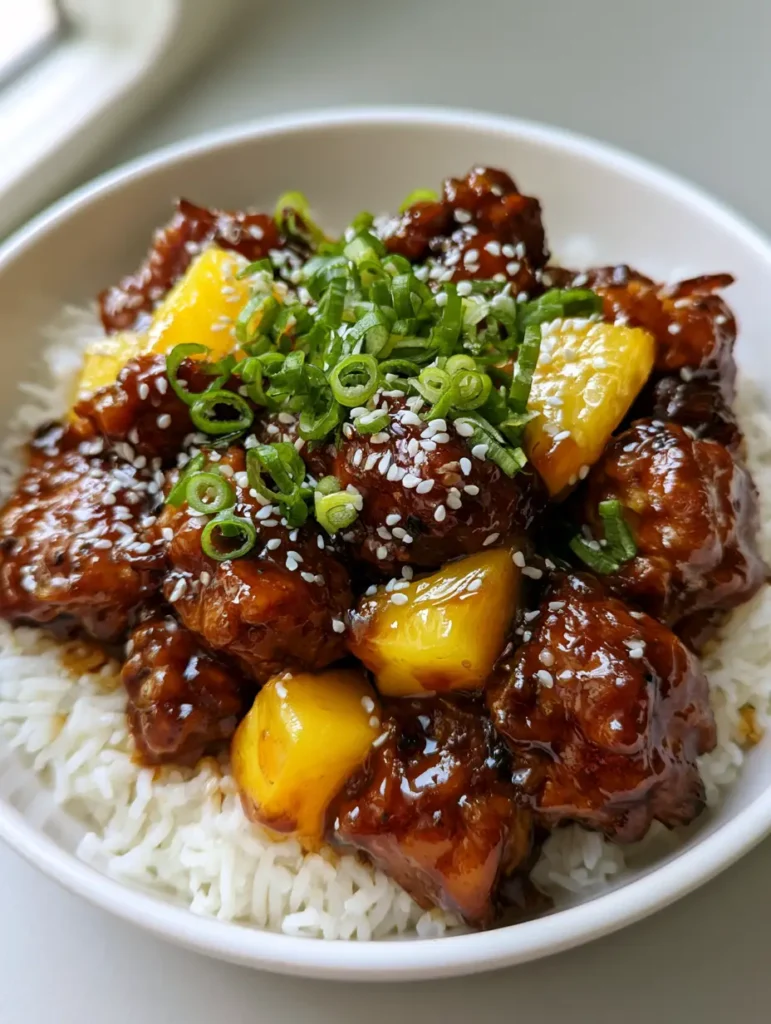 A white ceramic bowl containing chunks of Sweet Hawaiian Crockpot Chicken coated in a glossy dark amber glaze with pineapple.
